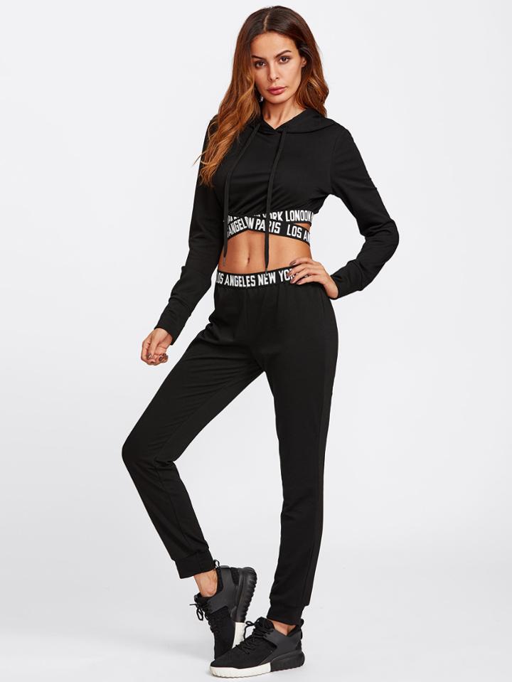 Romwe Printed Cross Strap Detail Hoodie & Sweatpants Set