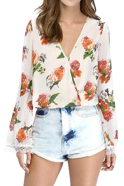 Romwe Rose Print V-neck Blouse
