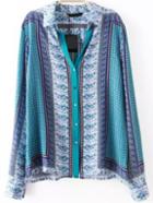 Romwe Lapel Long Sleeve Vintage Print Green Blouse