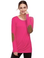 Romwe Hot Pink Long Sleeve Elbow Patch T-shirt