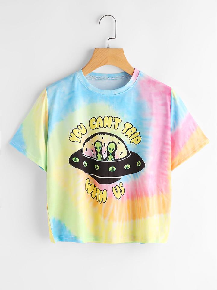 Romwe Slogan Alien Print Water Color Tee