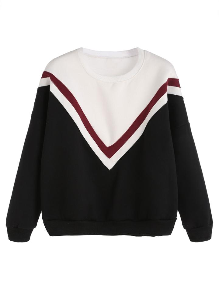 Romwe Black Color Block Drop Shoulder Varsity Sweatshirt