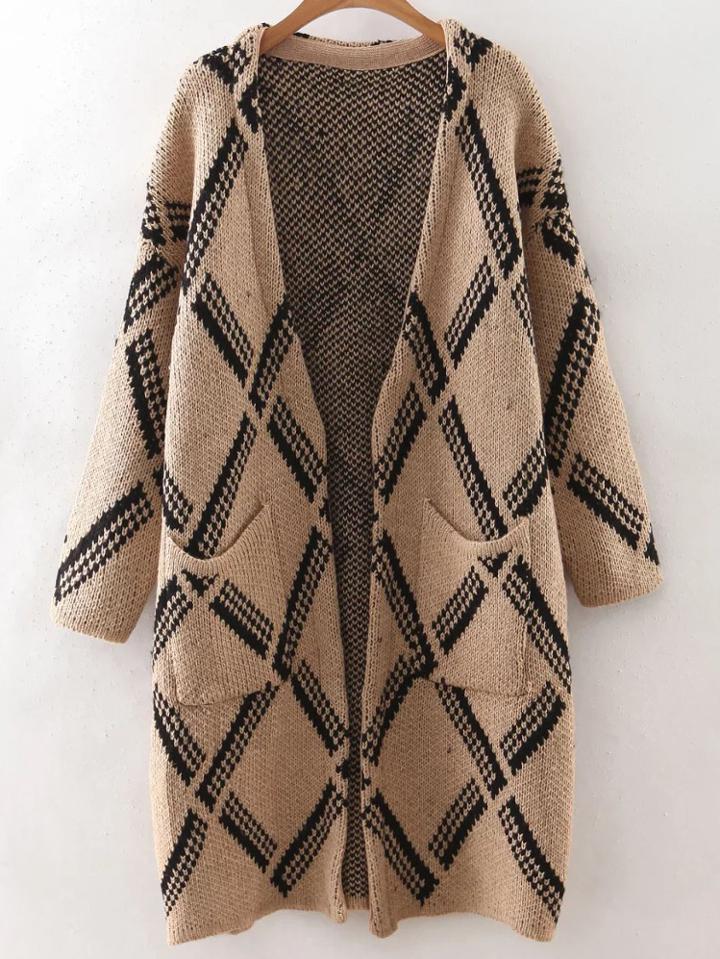 Romwe Apricot Geometric Print Collarless Pocket Long Cardigan