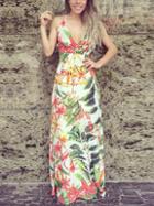 Romwe Deep V Neck Florals Beachy Dress