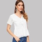 Romwe Embroidered Eyelet Button Front Peplum Top
