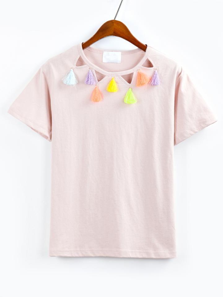 Romwe Cutout Tassel Neck T-shirt - Pink