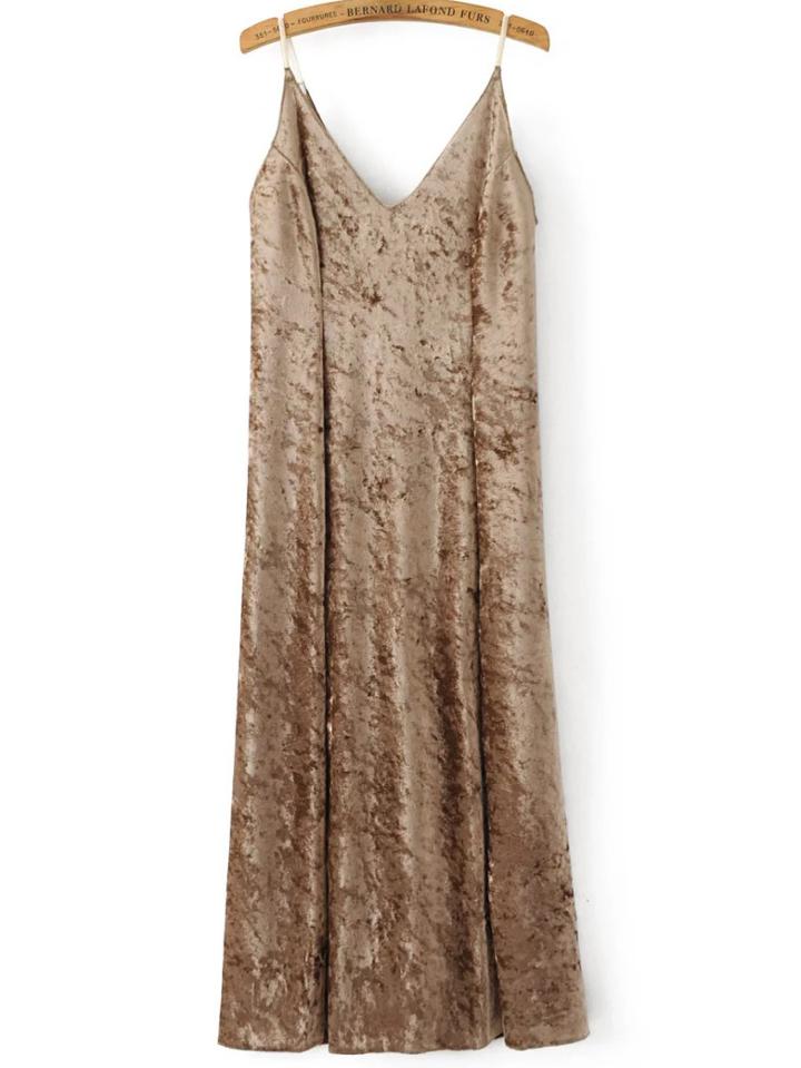 Romwe Gold Slit Velvet Midi Cami Dress