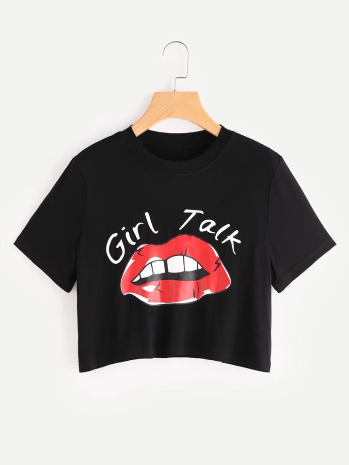 Romwe Red Lip Print Crop Tee