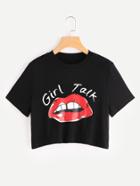 Romwe Red Lip Print Crop Tee