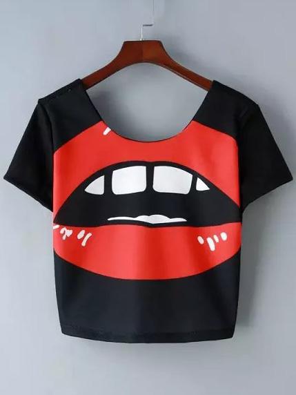 Romwe Black Short Sleeve Lip Printed Crop T-shirt