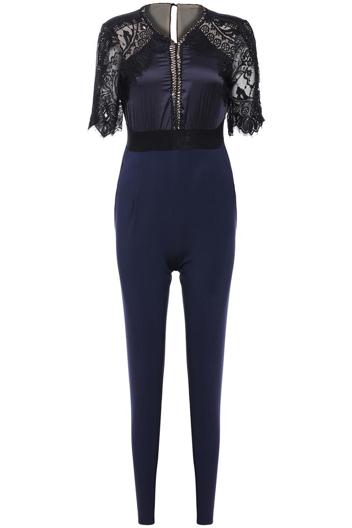 Romwe Contrast Lace Backless Slim Jumpsuit
