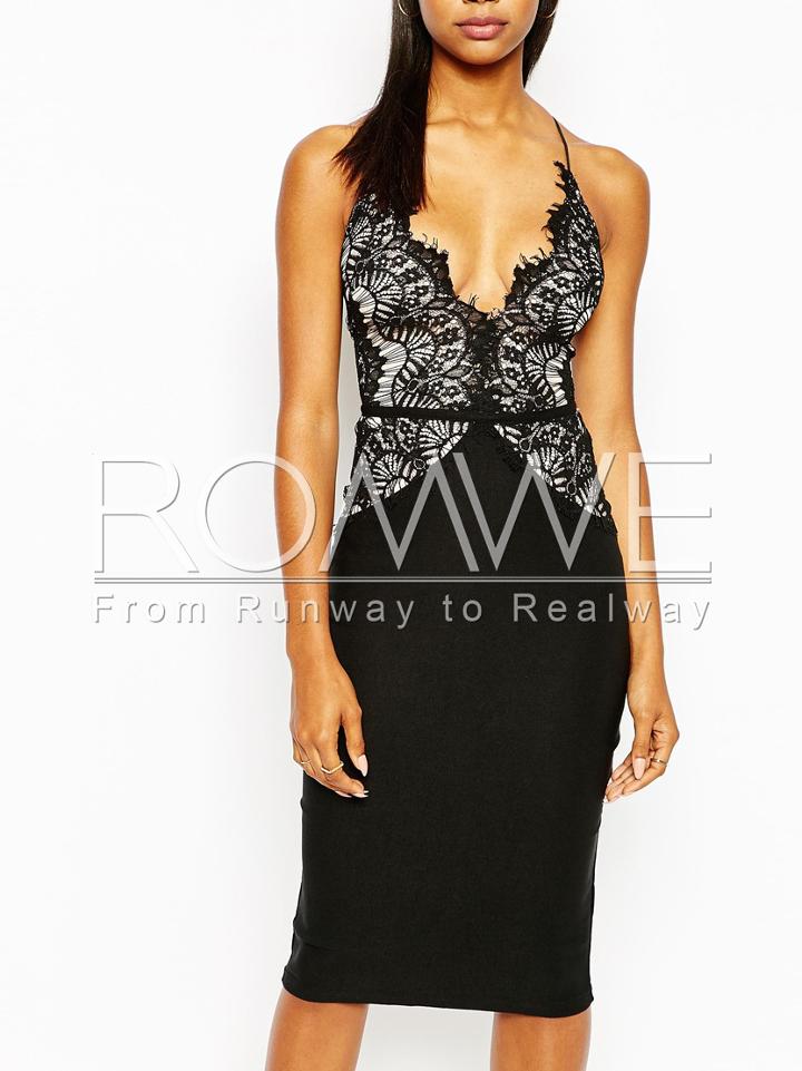 Romwe Black Spaghetti Strap With Lace Dress