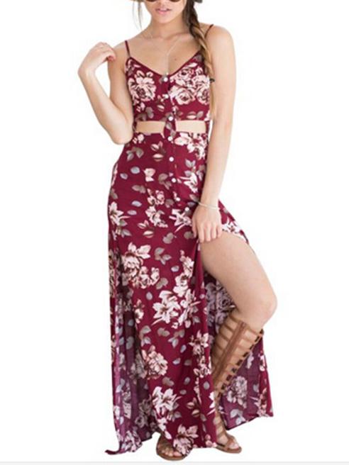 Romwe Spaghetti Strap Cut Out Slit Floral Dress