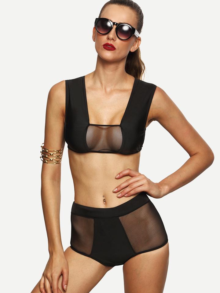 Romwe Black Mesh Insert High-waist Bikini Set