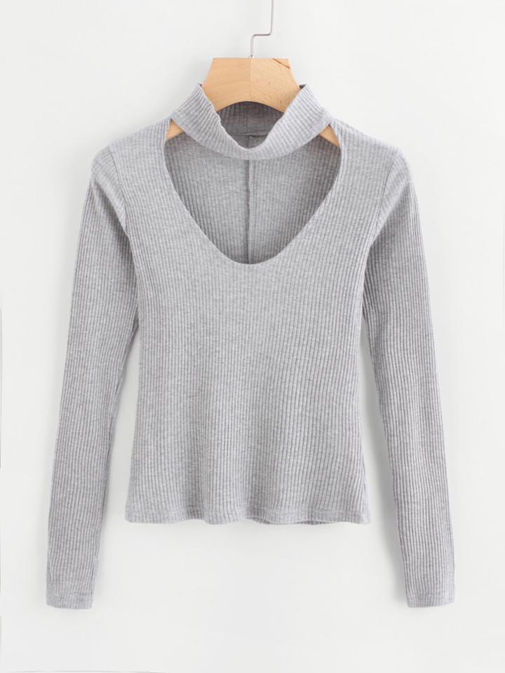 Romwe Cut Out Neck Ribbed Knit Tee