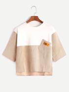 Romwe Contrast High Low Slit Patch Pocket Corduroy T-shirt