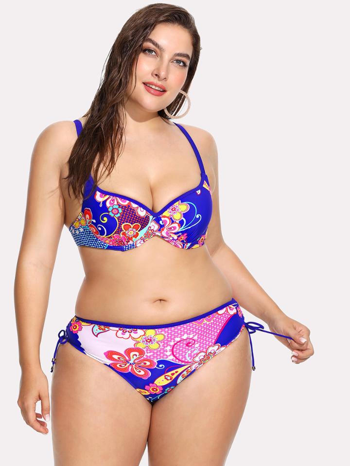 Romwe Side Tie Floral Bikini Set