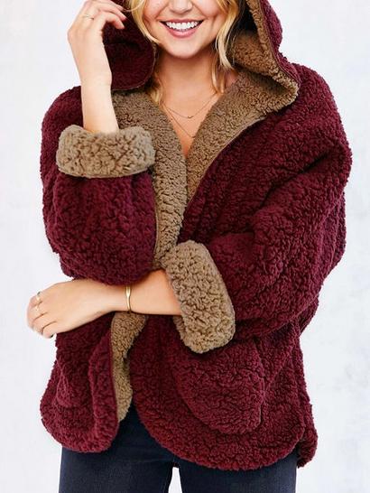 Romwe Burgundy Hooded Loose Faux Fur Coat