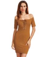 Romwe Mustard Off The Shoulder Lace Up Back Bodycon Dress