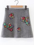 Romwe Grey Plaid Flower Embroidery Patch Stud Embellished Skirt