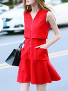 Romwe Red V Neck Zipper Pockets Frill Dress