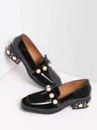 Romwe Black Pearl Studded Patent Leather Low Heel Loafers