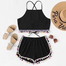 Romwe Pom-pom Trim Halter Top With Shorts