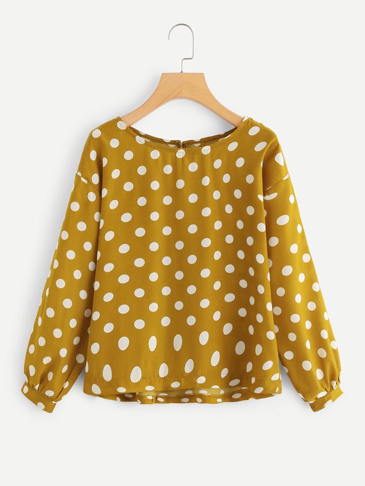 Romwe Keyhole Back Polka Dot Blouse