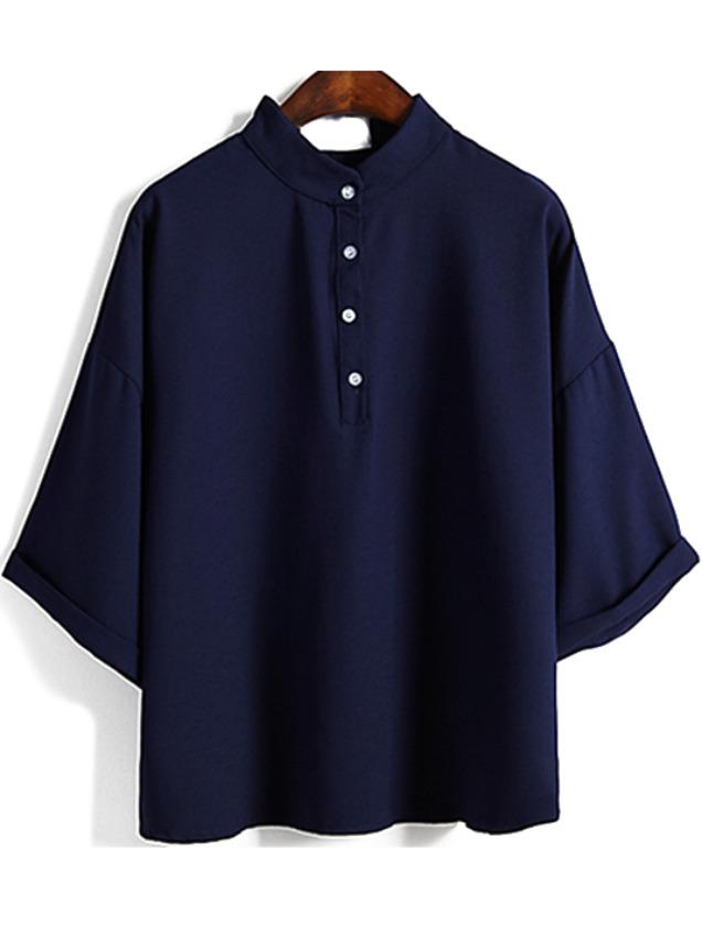 Romwe Stand Collar With Buttons Chiffon Navy Blouse