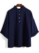 Romwe Stand Collar With Buttons Chiffon Navy Blouse