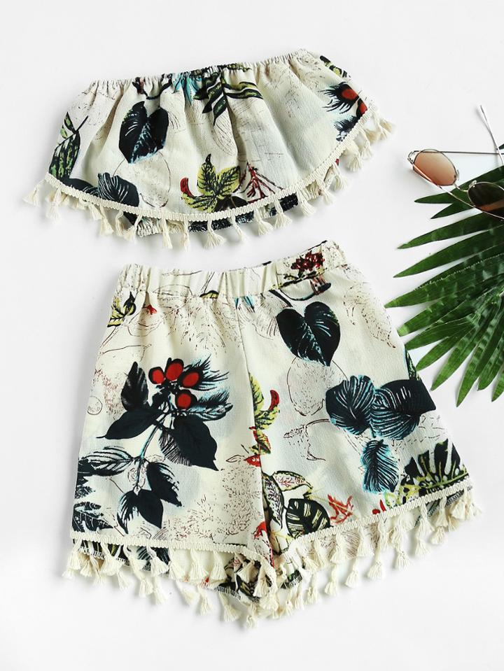 Romwe Palm Leaf Random Fringe Trim Crop Bandeau Top With Shorts