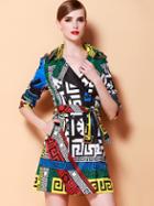 Romwe Multicolor Lapel Long Sleeve Belt Print Coat