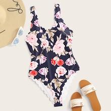 Romwe Scallop Trim Floral One Piece Swimwear