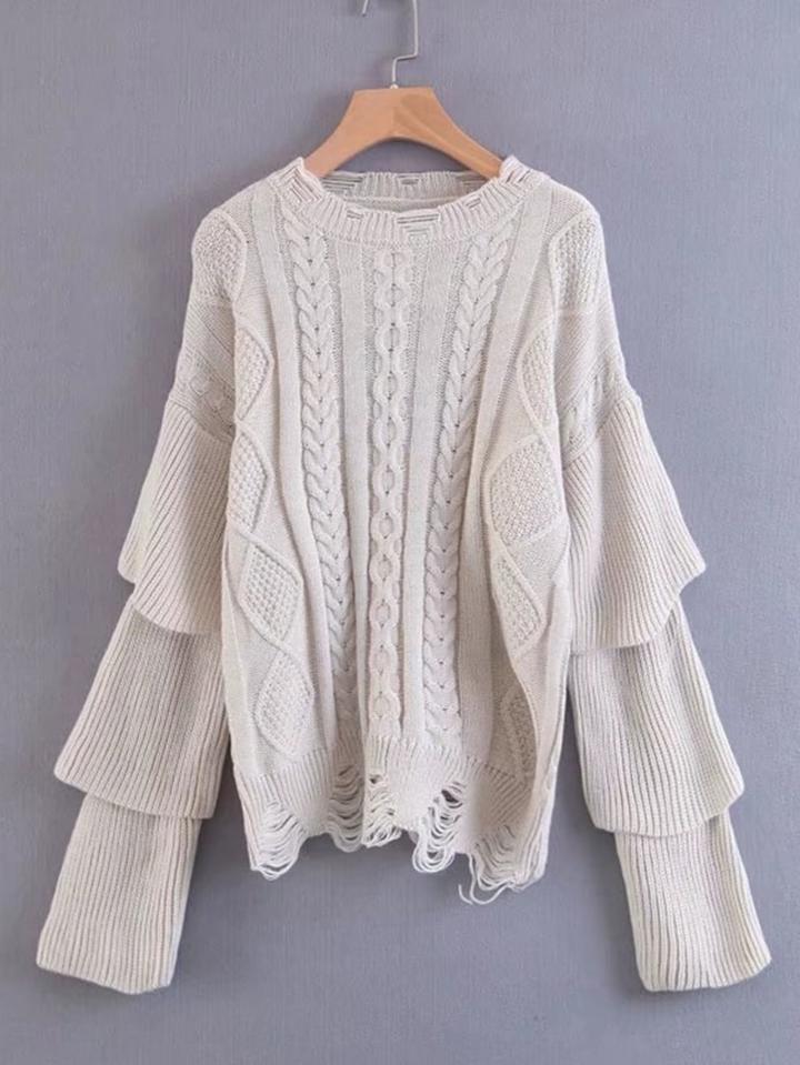 Romwe Tiered Sleeve Ripped Cable Knit Sweater