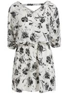 Romwe V Neck Flower Print Chiffon White Dress