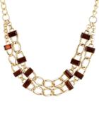 Romwe Red Gemstone Gold Hollow Chain Necklace