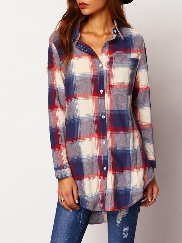 Romwe Blue White Lapel Plaid Loose Blouse