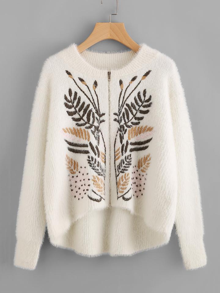 Romwe Leaf Branch Embroidered Zip Up Fluffy Jumper