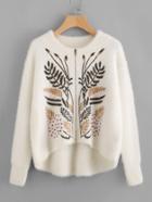 Romwe Leaf Branch Embroidered Zip Up Fluffy Jumper