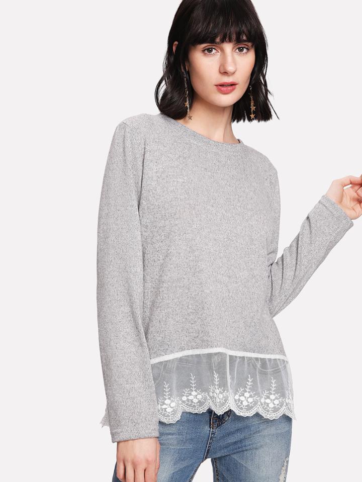 Romwe Round Neck Lace Hem Tee