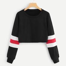 Romwe Cut And Sew Panel Sleeve Crop Sweatshirt