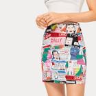 Romwe Comic Print High Waist Skirt