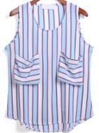 Romwe Blue White Vertical Stripe Pockets Tank Top