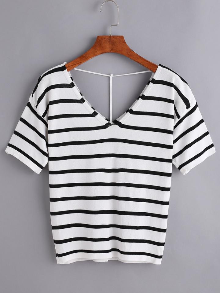 Romwe Black Striped V Neck Knitted T-shirt
