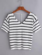 Romwe Black Striped V Neck Knitted T-shirt