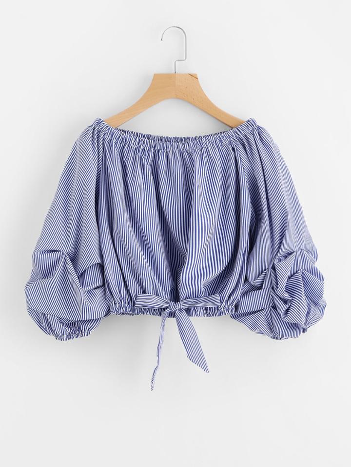 Romwe Lantern Sleeve Striped Bow Tie Front Blouse