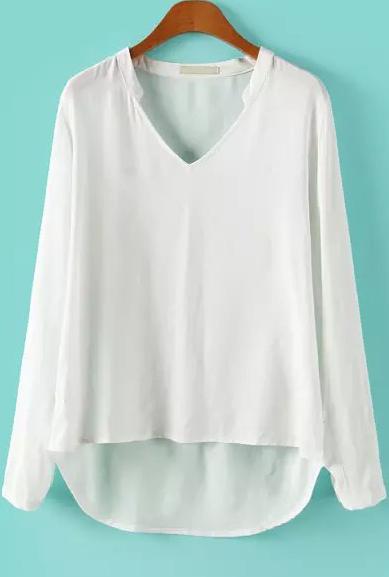 Romwe White V Neck Long Sleeve Dipped Hem Blouse
