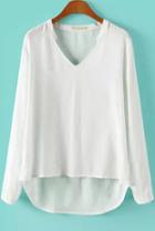 Romwe White V Neck Long Sleeve Dipped Hem Blouse