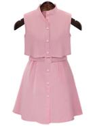 Romwe Stand Collar With Buttons Pink Dress
