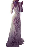 Romwe Deep V Neck Sheer Mesh Lace Long Sleeve Maxi Dress